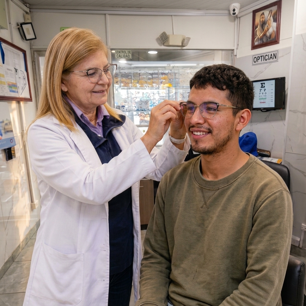 Óptica ayudando a paciente a elegir gafas en Ópticas Gammaluz